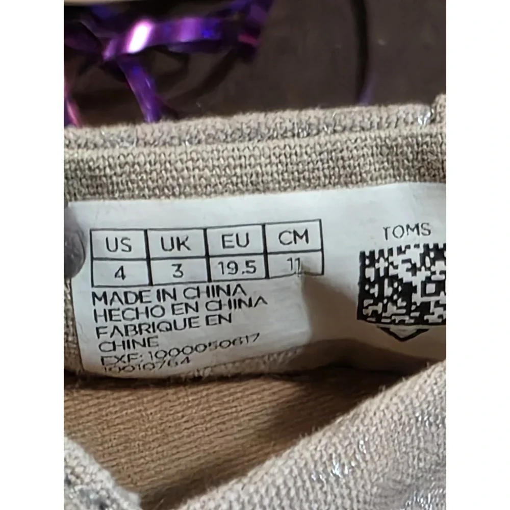 Toms Toddler Unisex Sz 4m Gray Metallic Peace Sign Slip Canvas On Shoes